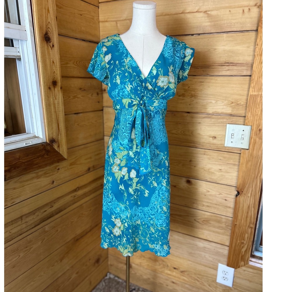 Vintage Faux Wrap Midi Dress Women Large Teal Blue Green Floral Jessica